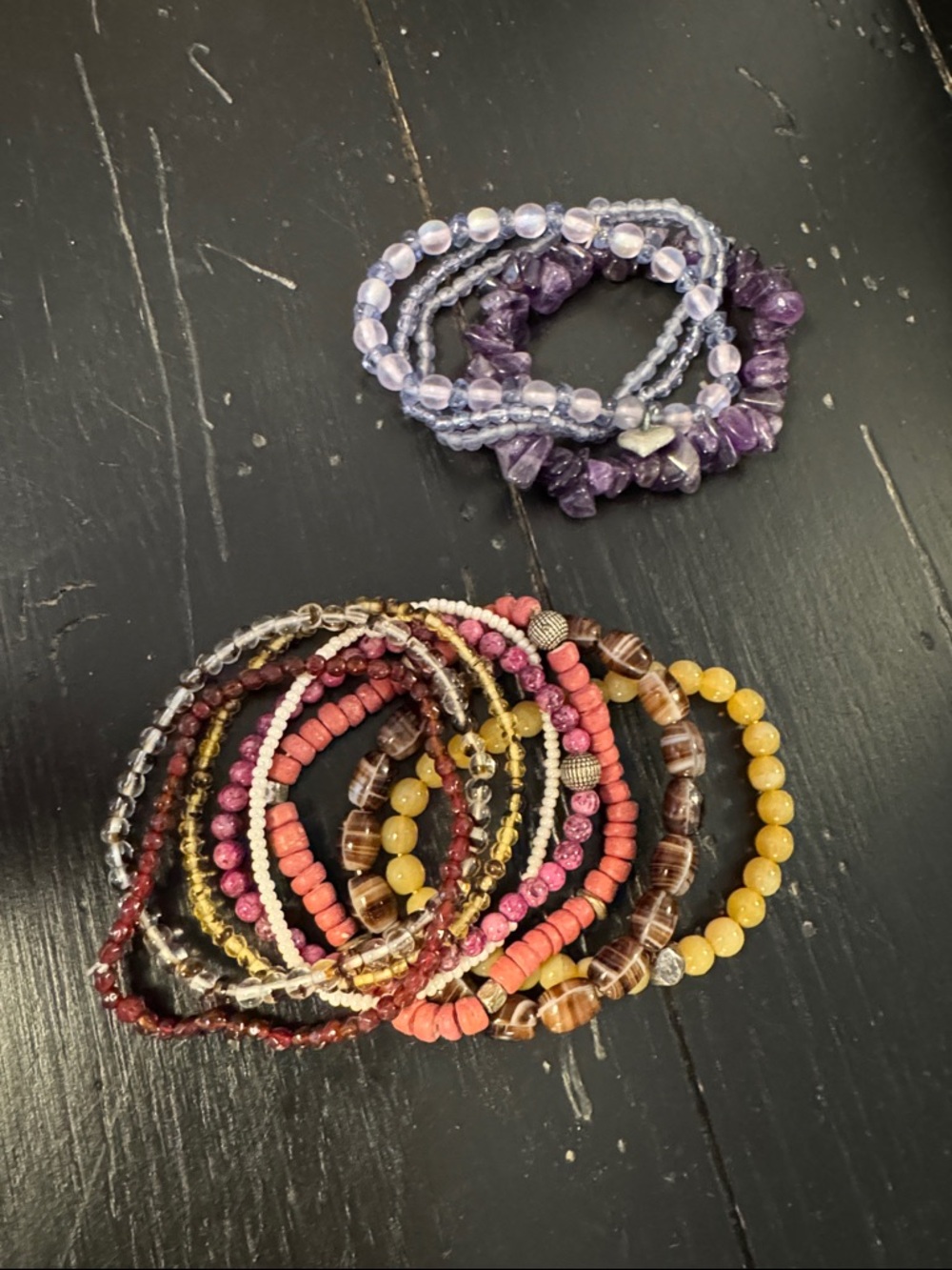 Stackable Multicolor Beaded Bracelet Set - Purple, Pink, Yellow, Brown